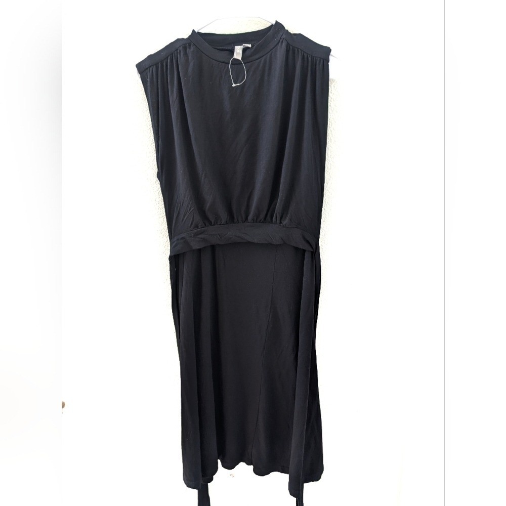 ASOS Black Midi Dress 8 Empire Waist Tie Belt A Line Viscose Stretchy NWOT
