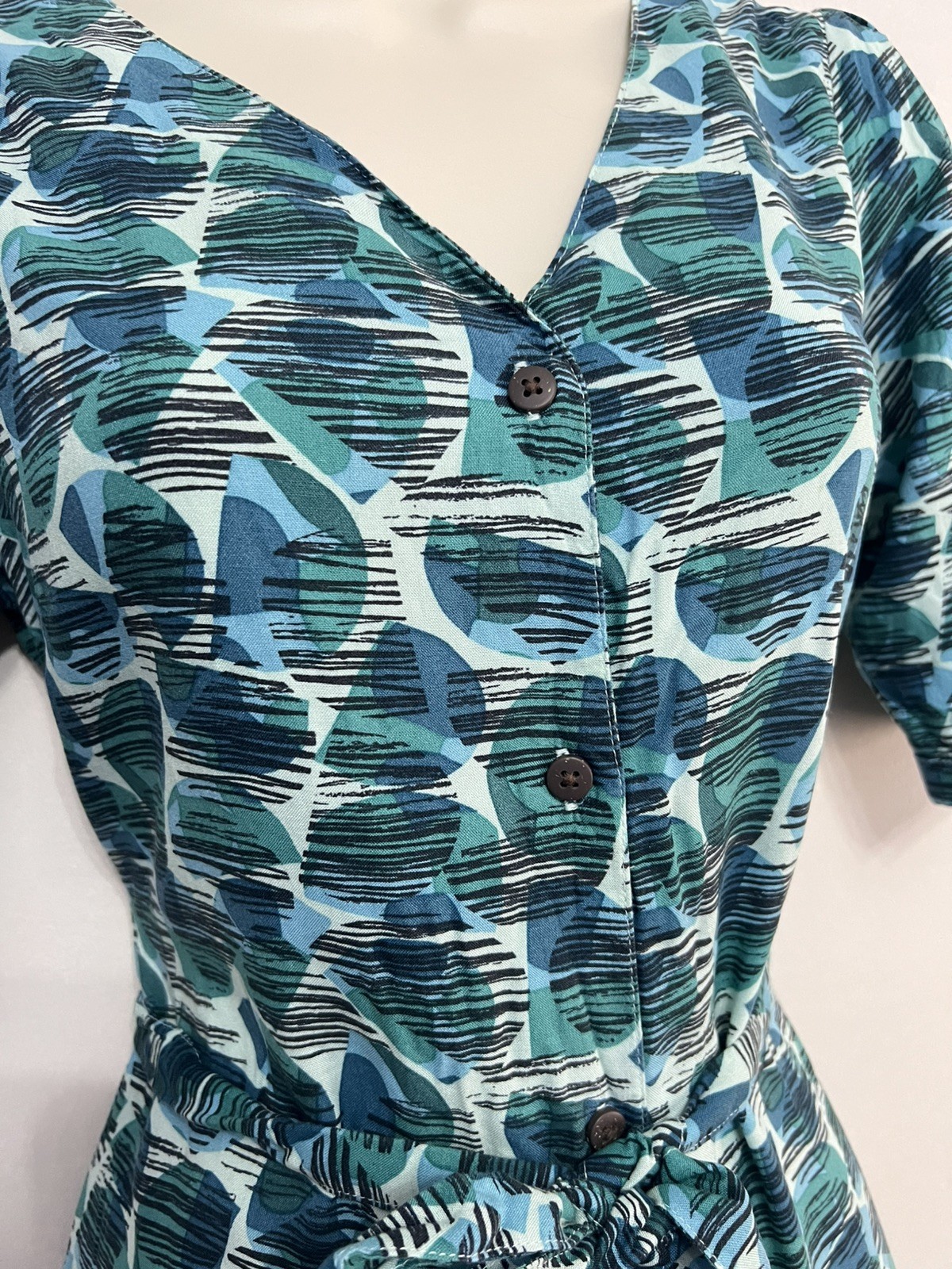 Weird Fish Button Up Belted Tie Abstract Print Midi Shirt Dress UK 10