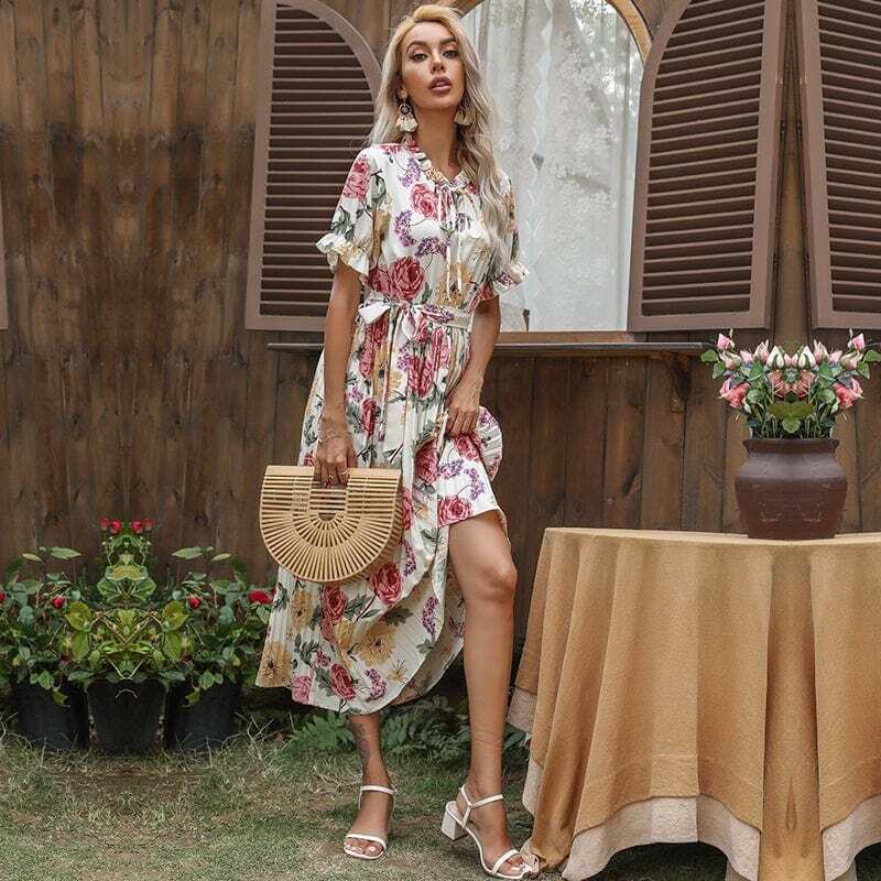 Ruffle Neck Pleated Dress