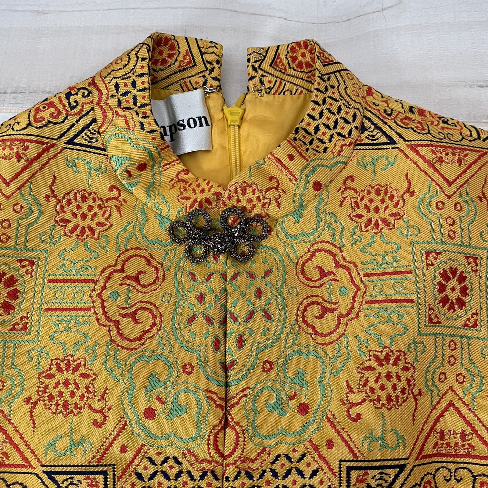 1960s ADELE SIMPSON Yellow Silk Blend Jacquard Chinese Inspired Dress VTG Rare