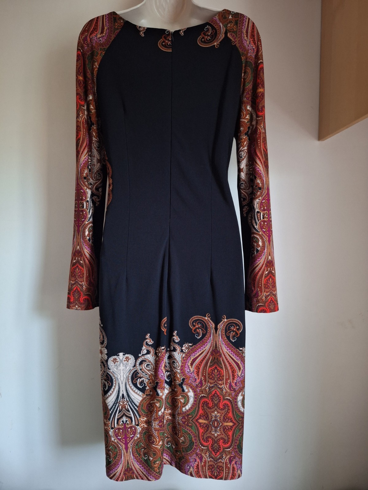 Joseph Ribkoff Paisley Print Black Orange Purple Sheath Dress UK 14 EU 42 USA 10