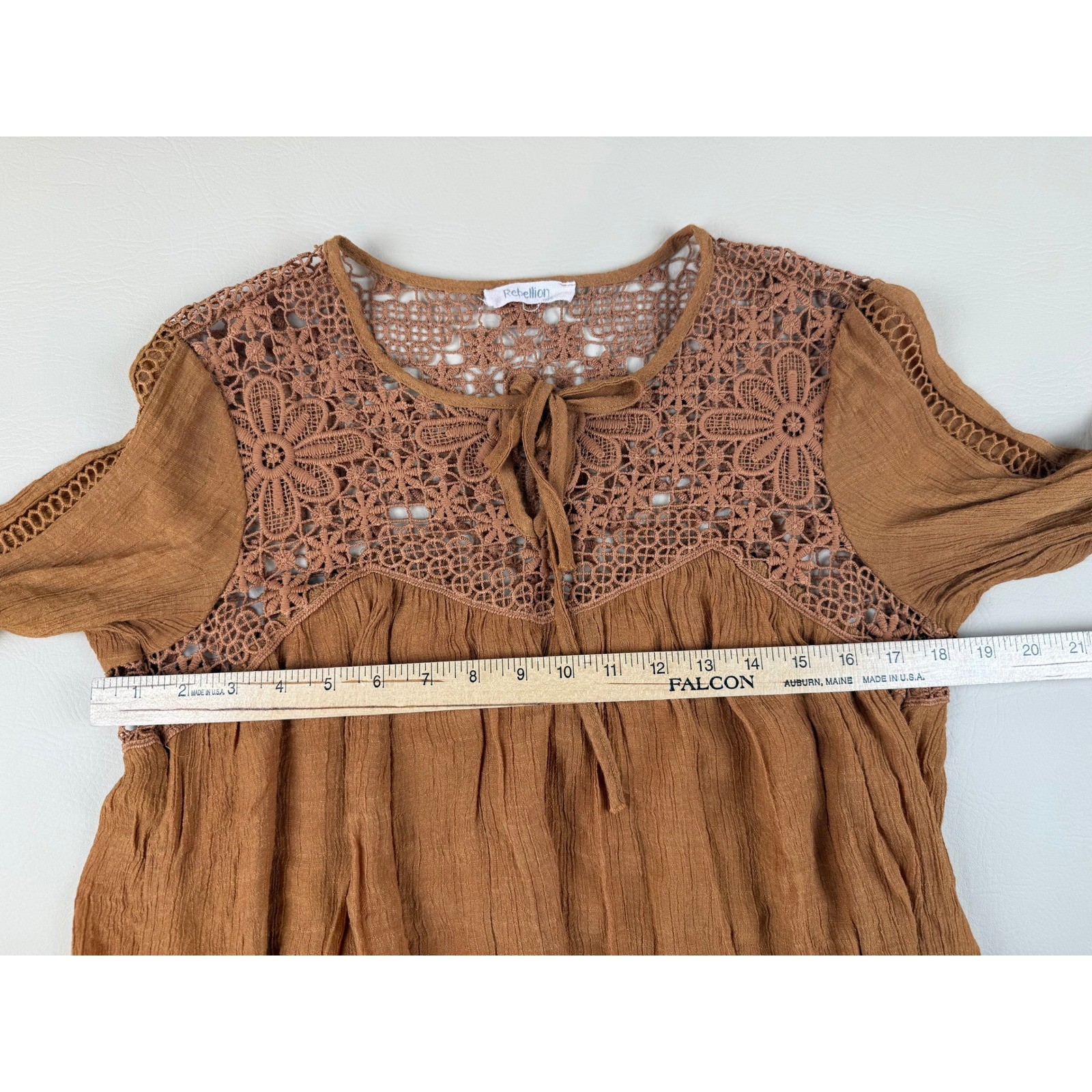 Rebellion Small Dress Boho Crochet Lace Rust Brown Rayon Blend Floral Yoke