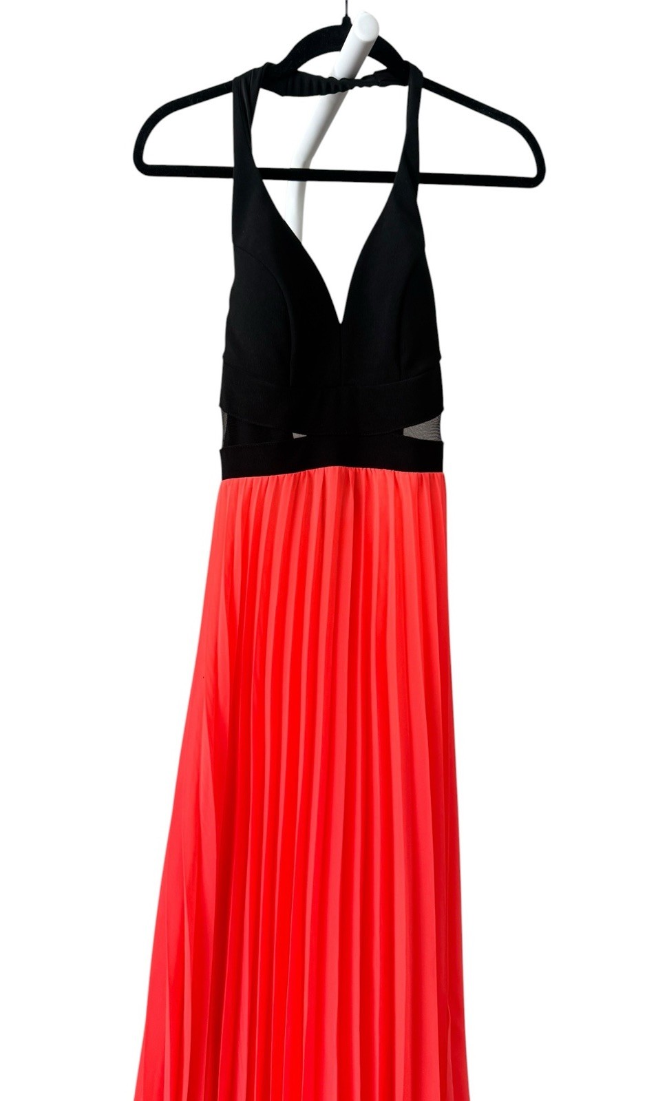 Crystal Doll Black & bright Red Pleated Chiffon Maxi Dress Cut Out Zip Size S