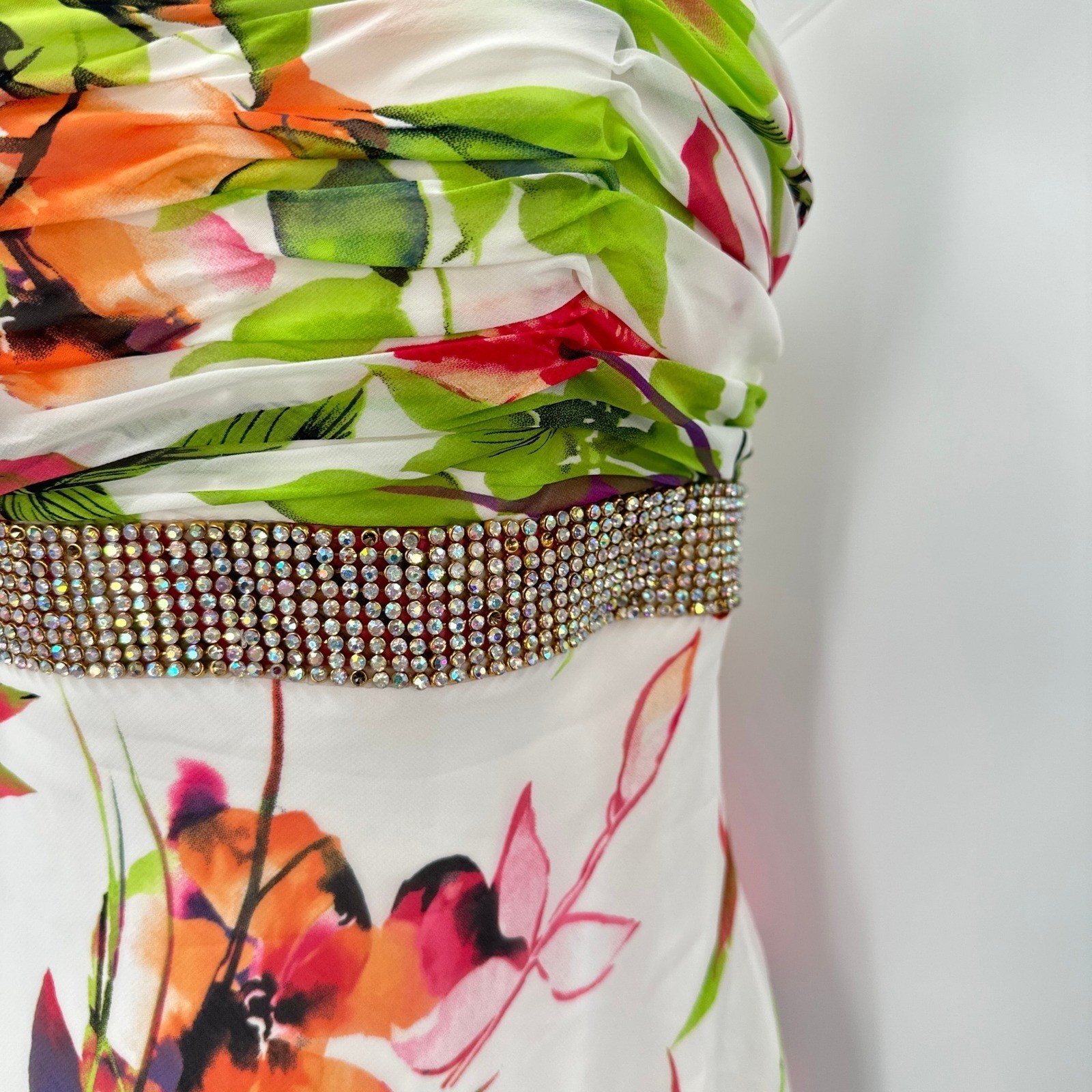 Cache Strapless Floral Print Maxi Dress size 2 Embellished Rhinestone Waist *