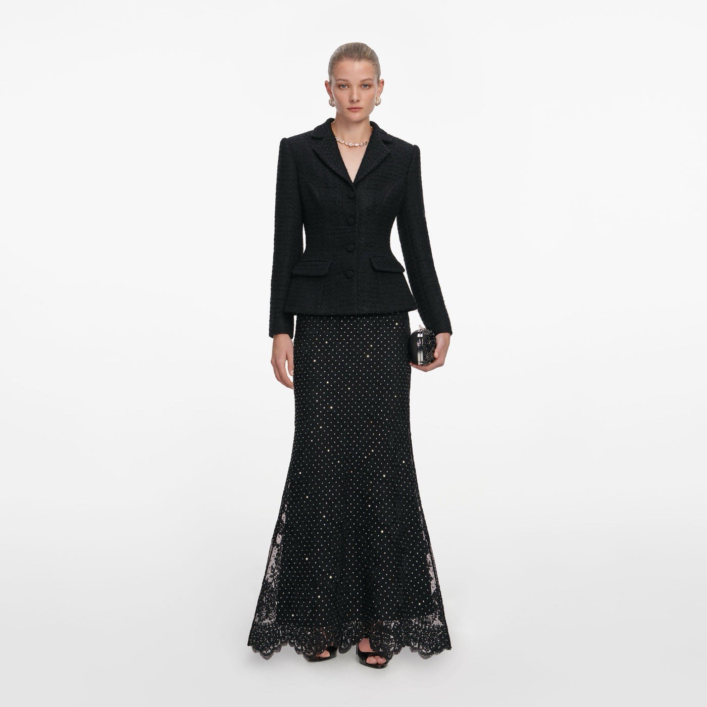 Self portrait BLACK BOUCLE RHINESTONE LACE MAXI DRESS $ 850 US 2 UK 6