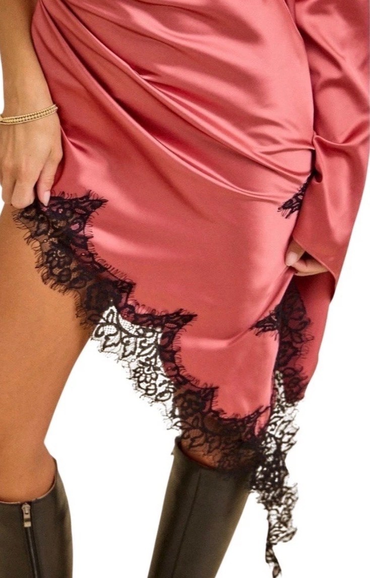 Silky Satin Asymmetrical Pink Dress M One Shoulder Midi Lace Trim Cocktail Party
