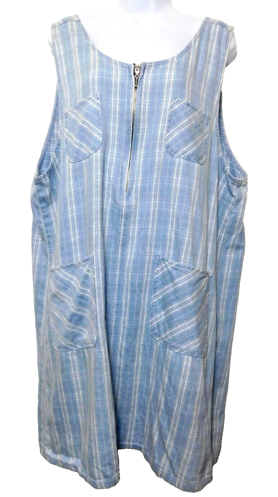 Capacity Woman Denim Jean Zip Front Jumper 1X Sleeveless Dress Cotton Blue Plaid