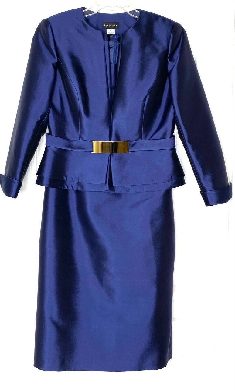 FRASCARA 2pc Navy Blue Silk Wool Faille Dress + Belted Blazer Jacket Set 12 US