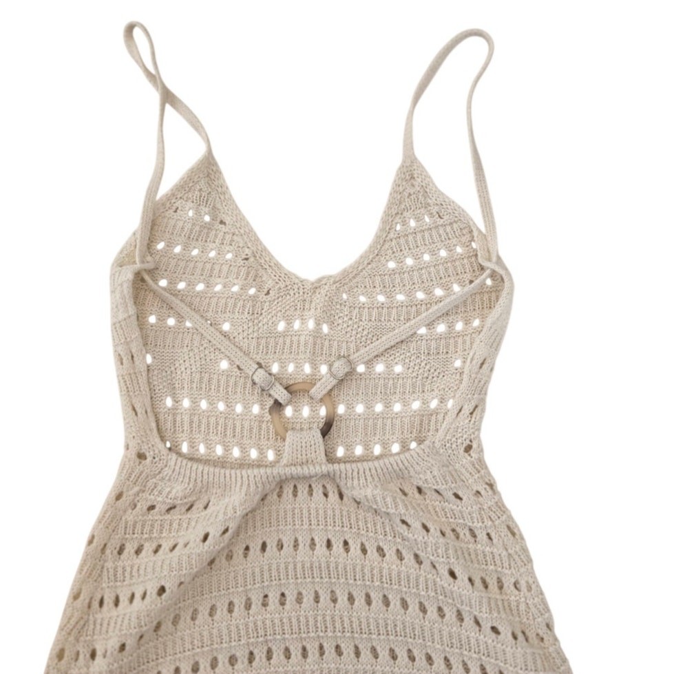 Boho Coquettecore Crochet Maxi Dress Open Knit V‑Neck Coverup Size M