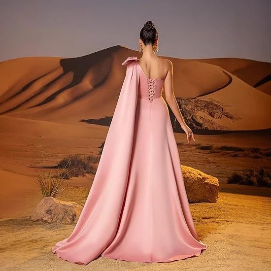 One Shoulder Maxi Dress Large Bow Cape Sleeve Formal Evening Bridesmaid Gown