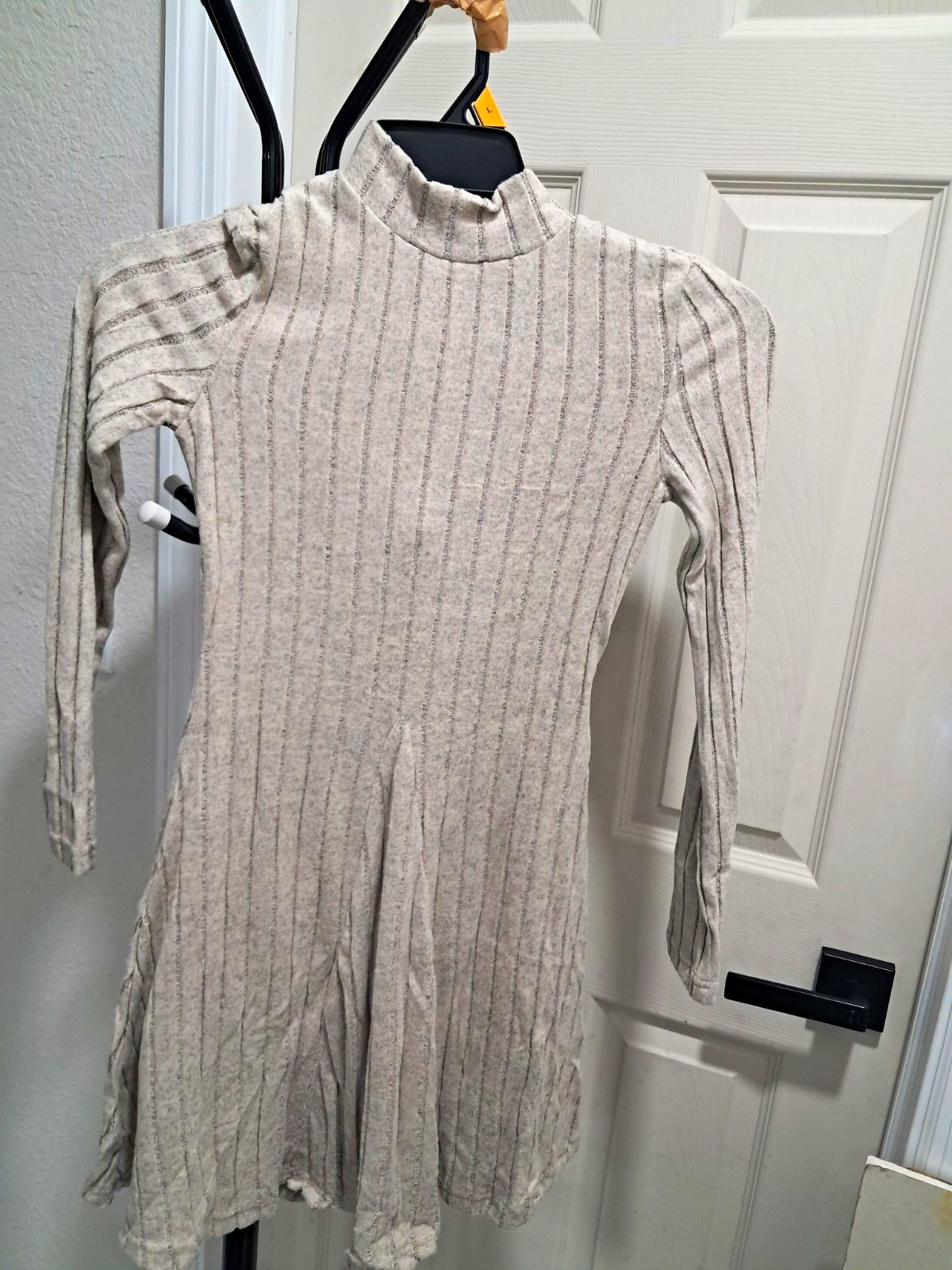 Women’s Beige Ribbed Knit Mock Neck Long Sleeve Short Sweater Dress S