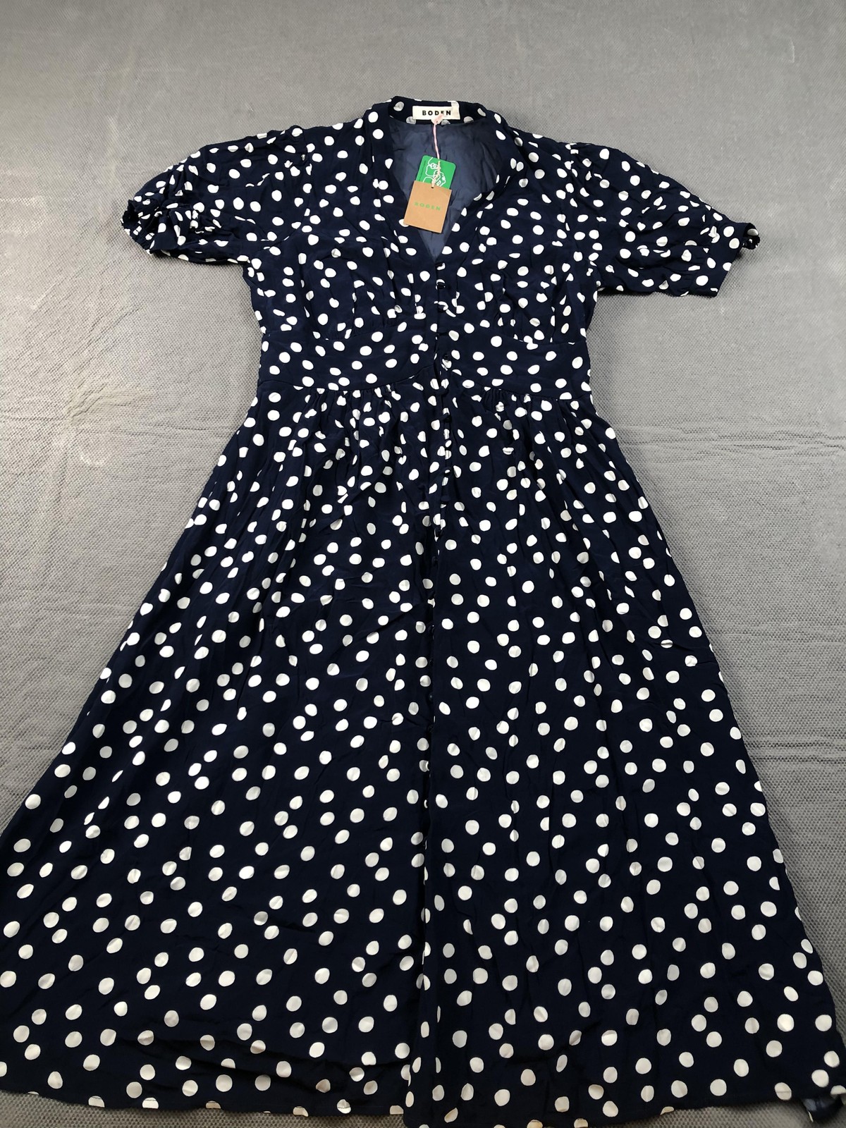 Boden Dress Womens 12P Petite Blue V Neck Short Puff Sleeve Polka Dot Midi NWT