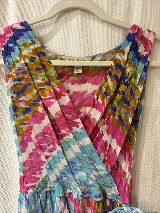 Presley & Skye Silk Pink, Blue & Mustard Abstract Faux Wrap Dress. Medium