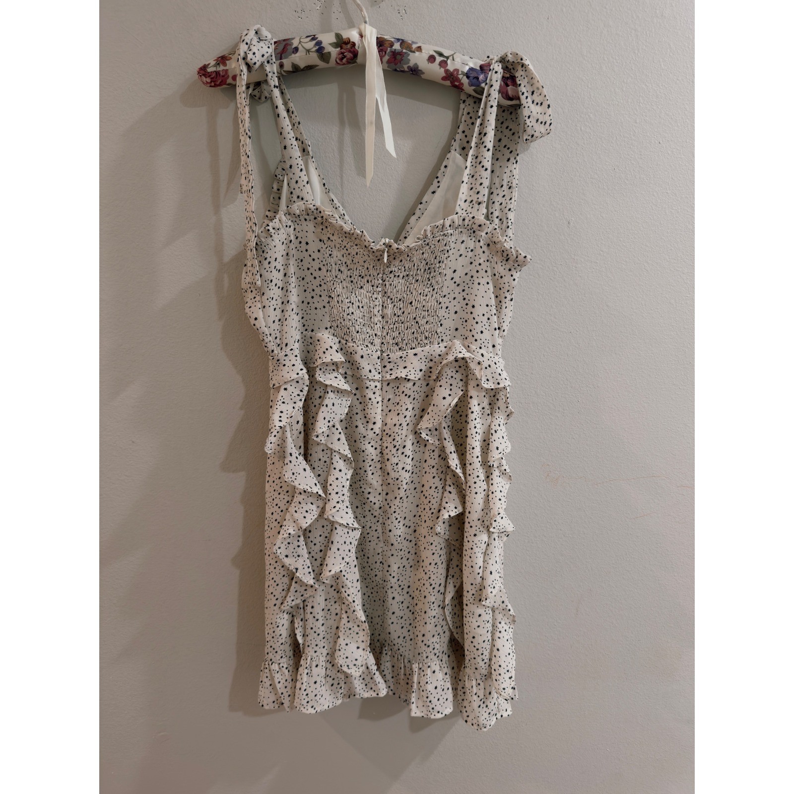 Storia Womens White Black Star Print Ruffle Tie Shoulder Mini Dress Small
