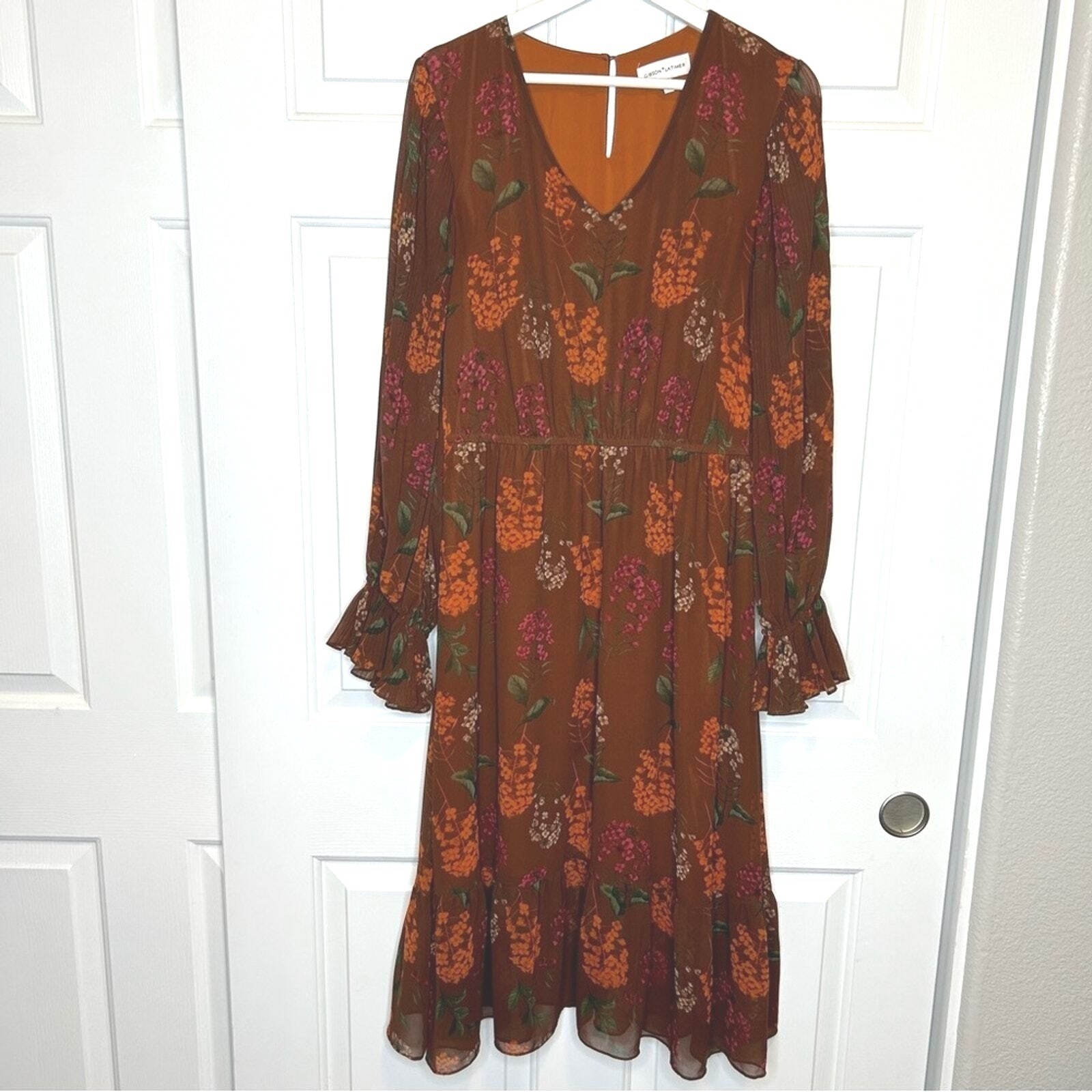Gibson Latimer Floral Print Long Sleeve Midi Dress Brown Orange Size Unknown