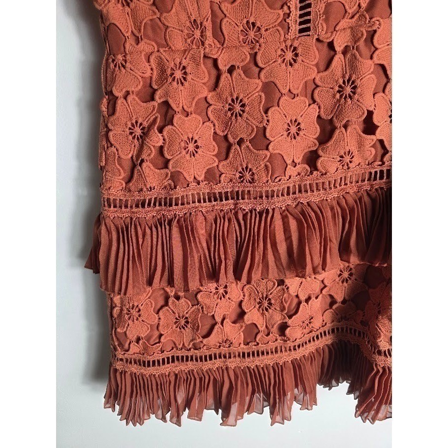 Designer Rust Floral Lace NO BELT NWT Pleated Ruffle Mini Dress Square Neck