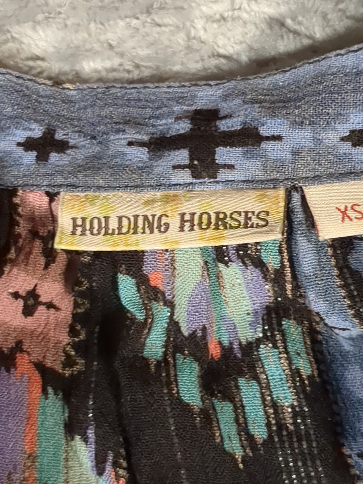 Holding Horses Anthropology Women’s Southwest Print Dress Ruffle Tassles XS Blue