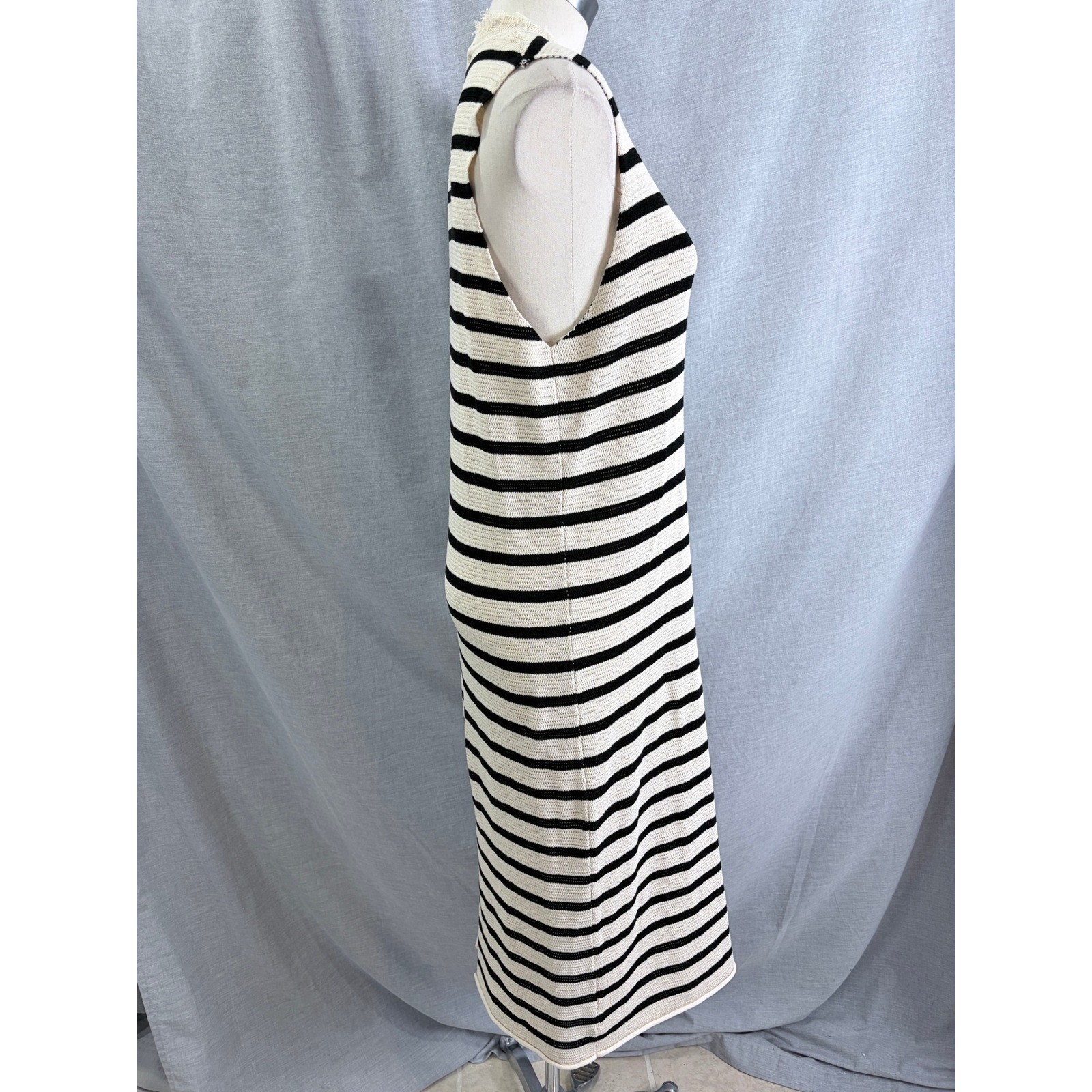 mello. Los Angeles Striped Knit Midi Dress Distressed Neck Cream Black Medium