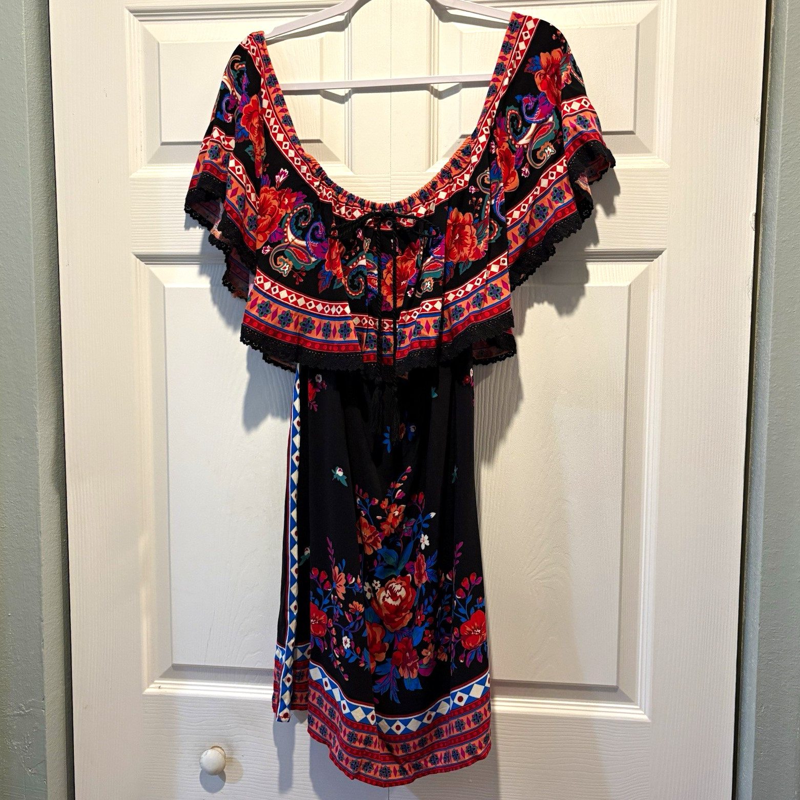 Flying Tomato Black Floral Off Shoulder Dress Lace Feminine Boho Festival Sz S