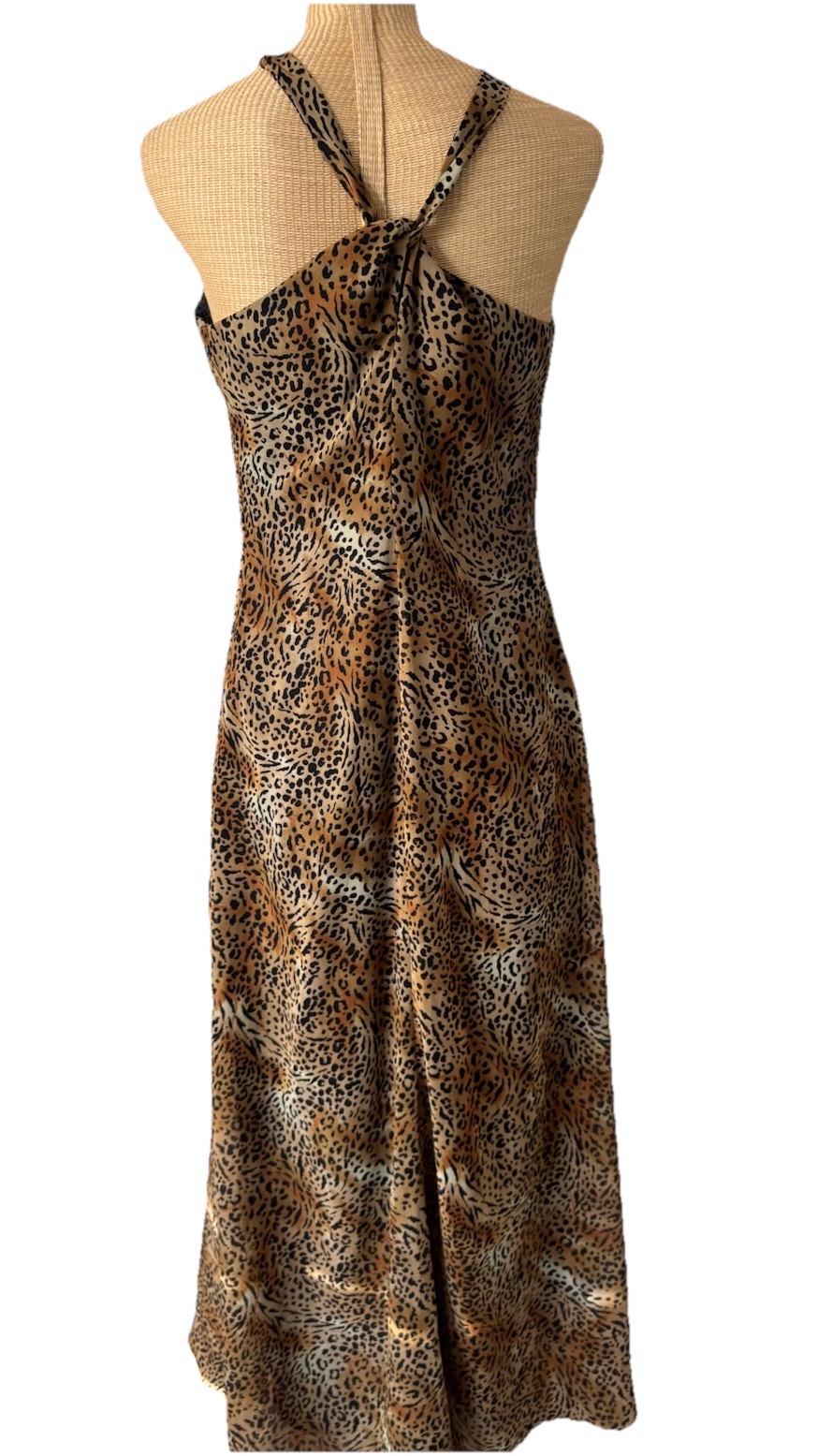VTG 80s 90s Leopard Cheetah Animal Print Maxi Dress Flowy Criss Cross Back Sz 10