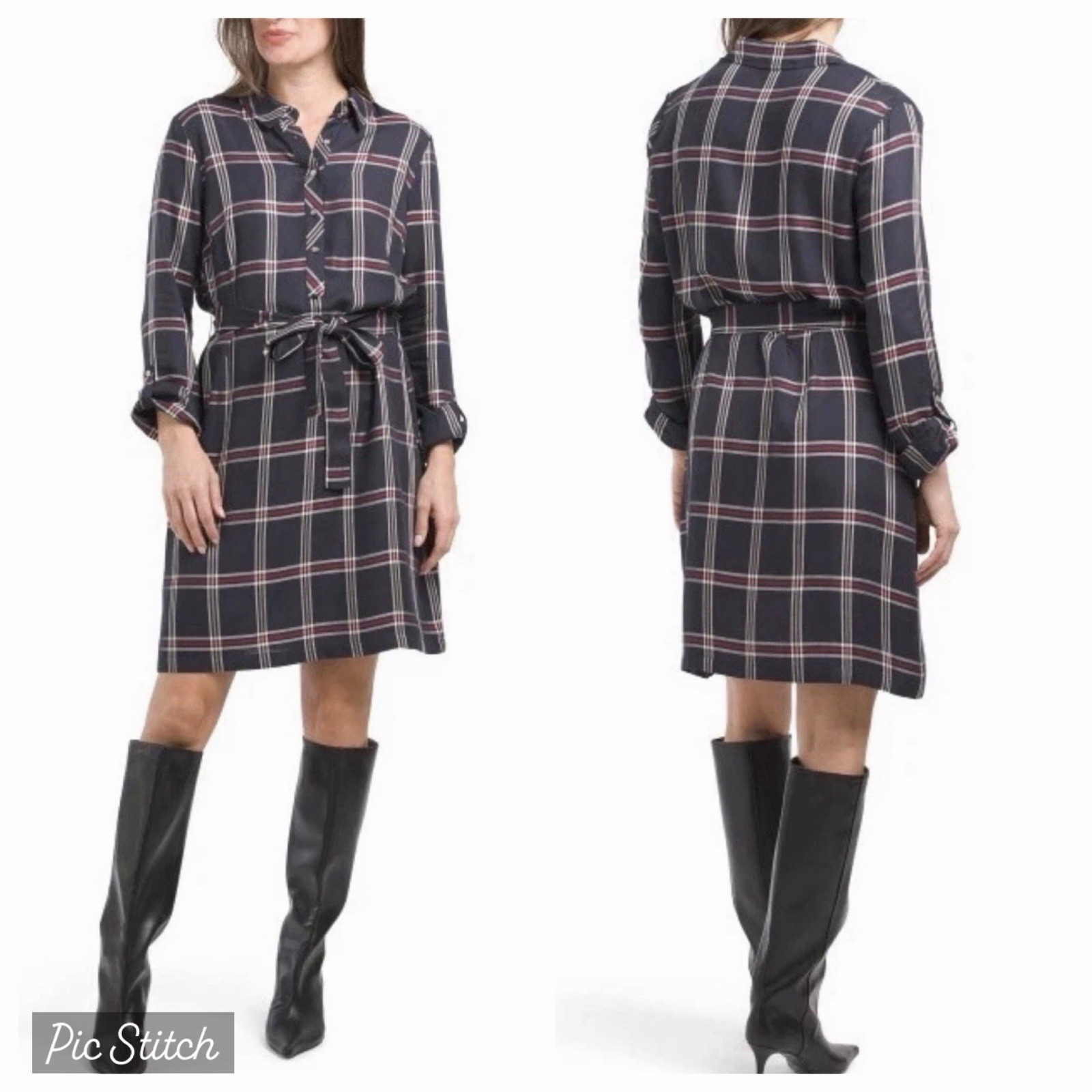 NWT Tommy Hilfiger Shift Shirt Dress W/Belt Embroidered Navy Blue Plaid Sz 6 $99