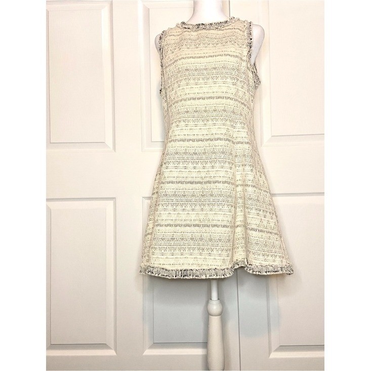 Adelyn Rae Cream Black Tweed Fringe Fit & Flare Sleeveless Mini Dress Medium