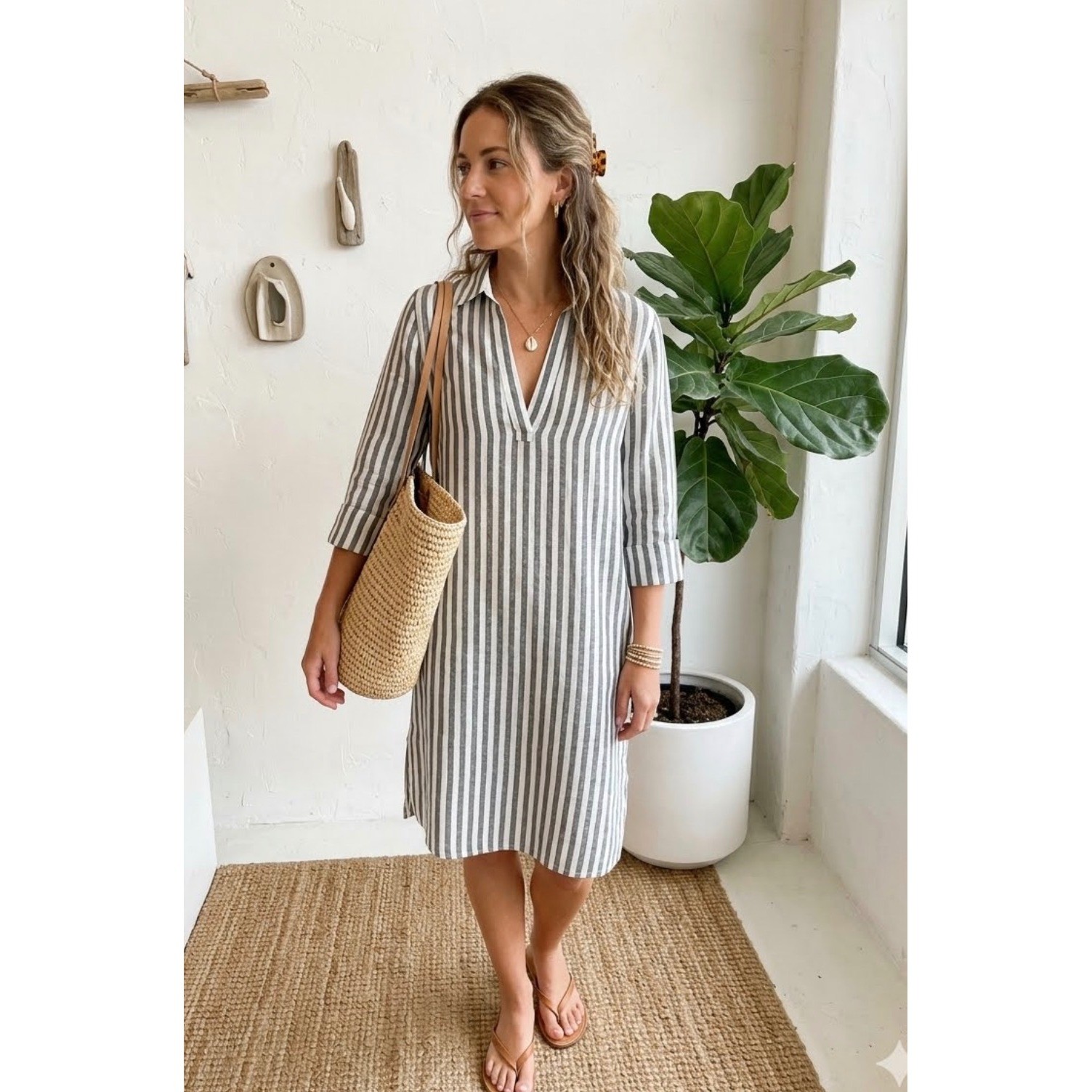 Soft Surroundings Shift Dress M Grey White Nautical Stripe Linen Coastal Casual
