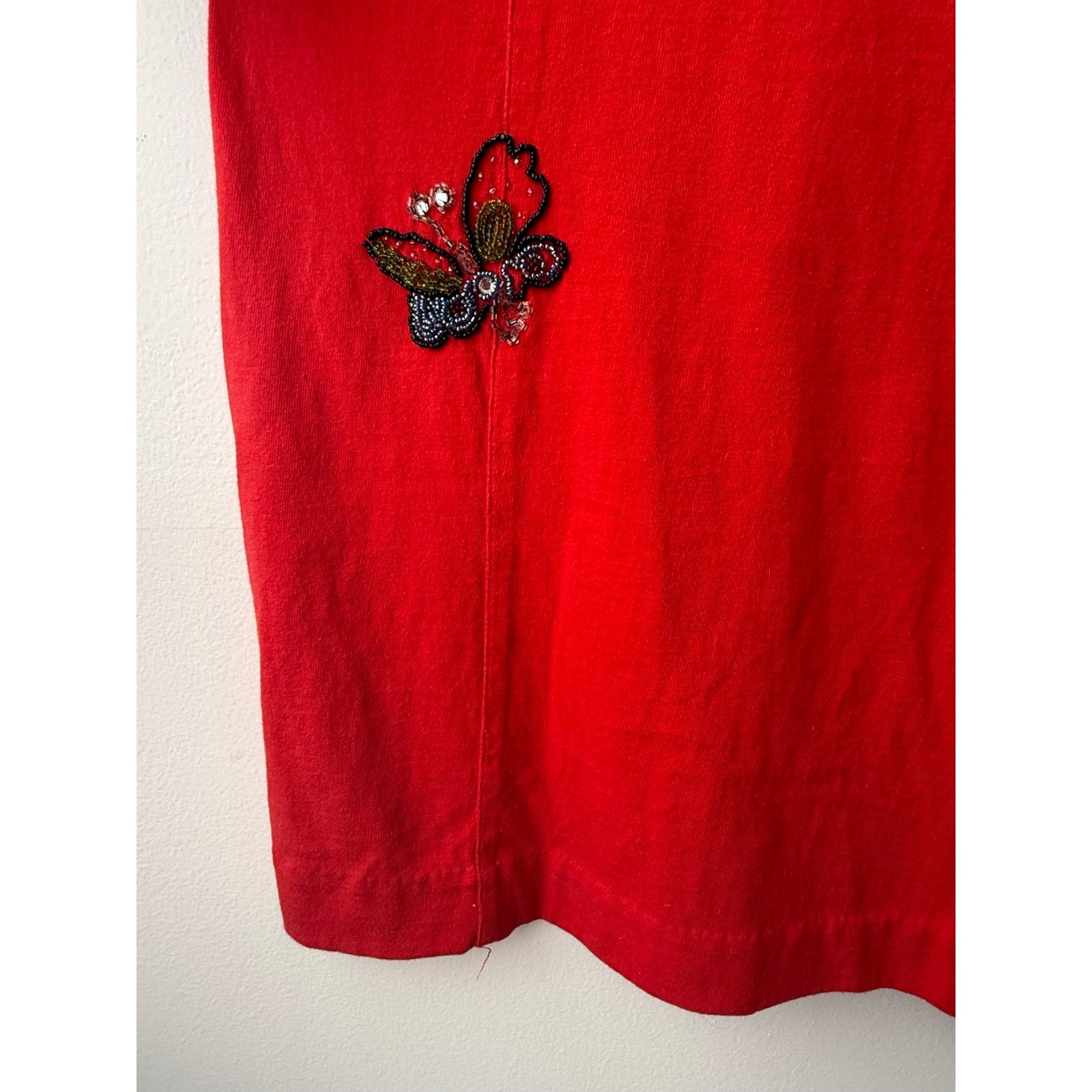 Vintage 90s Red Beaded Butterfly Maxi Dress Beach Coverup Coastal Grandma Top XL