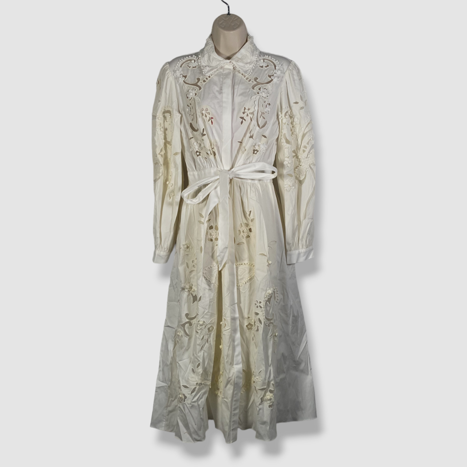 $2190 Carolina Herrera Women’s White Embroidered Button-Up Self-Tie Dress Size 8