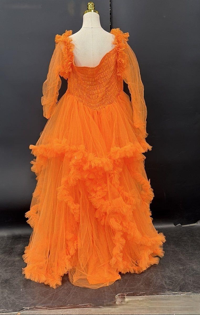 Oyemwen Orange Tulle Ruffle Tiered Gown Sheer Long Sleeve Smocked Maxi Dress NWT