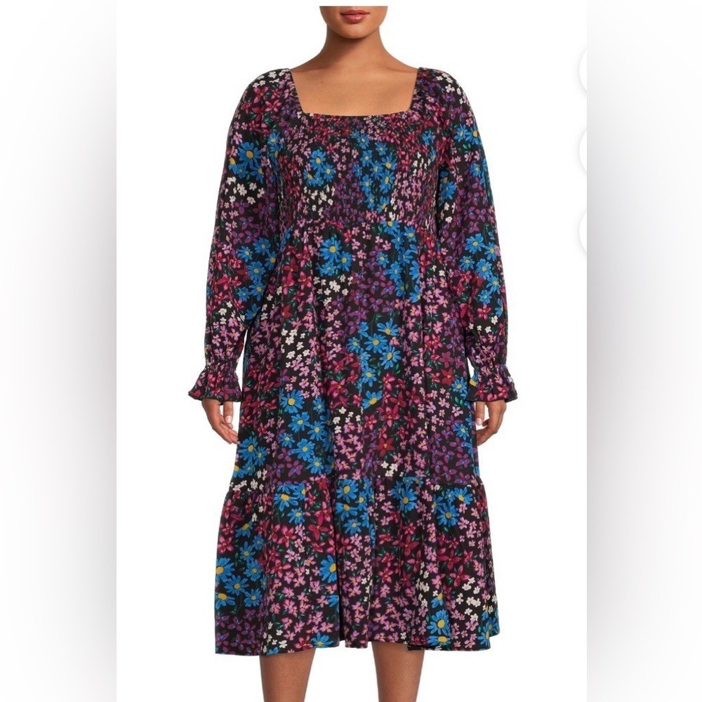Terra & Sky Multicolor Ditsy Floral Long Sleeve Dress Square Neck Bohemian 1X