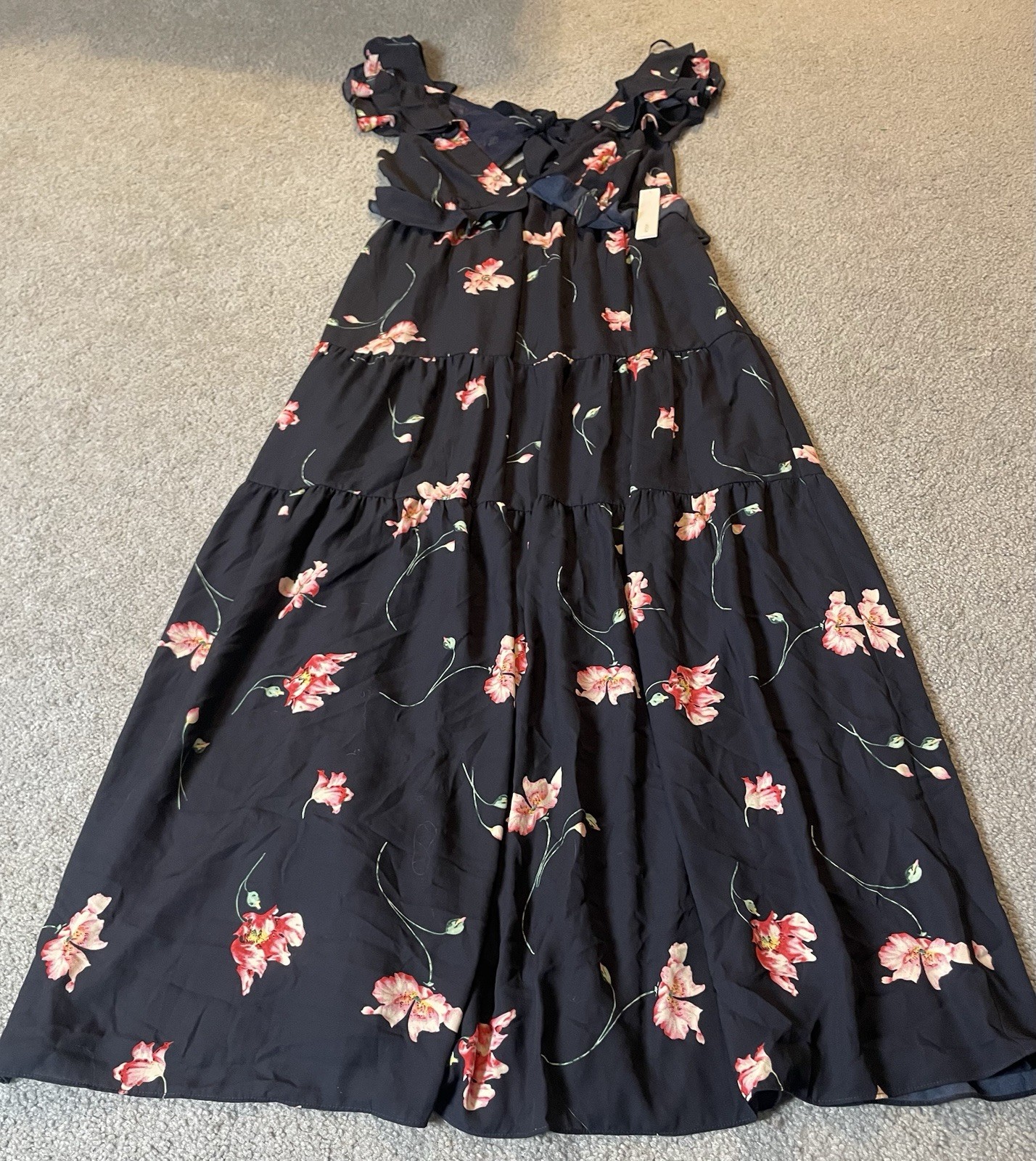 Bloomingdales Exclusive AQUA Maxi Dress L Tiered Floral Pink Plunging Neck Boho