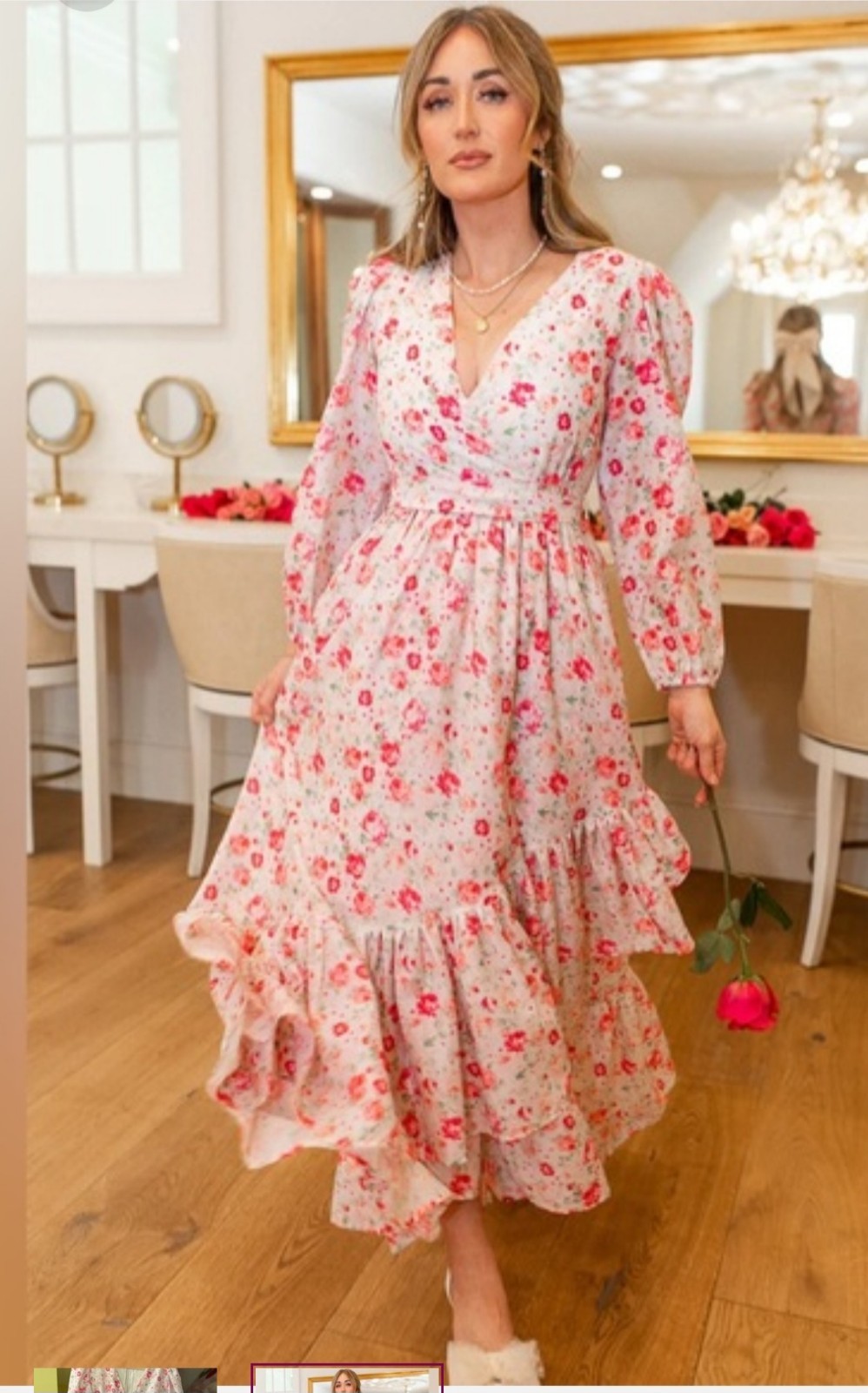 Ivy City Co Plus Size 3X Pink Floral Dream Dress with Belt Long Sleeve V Neck