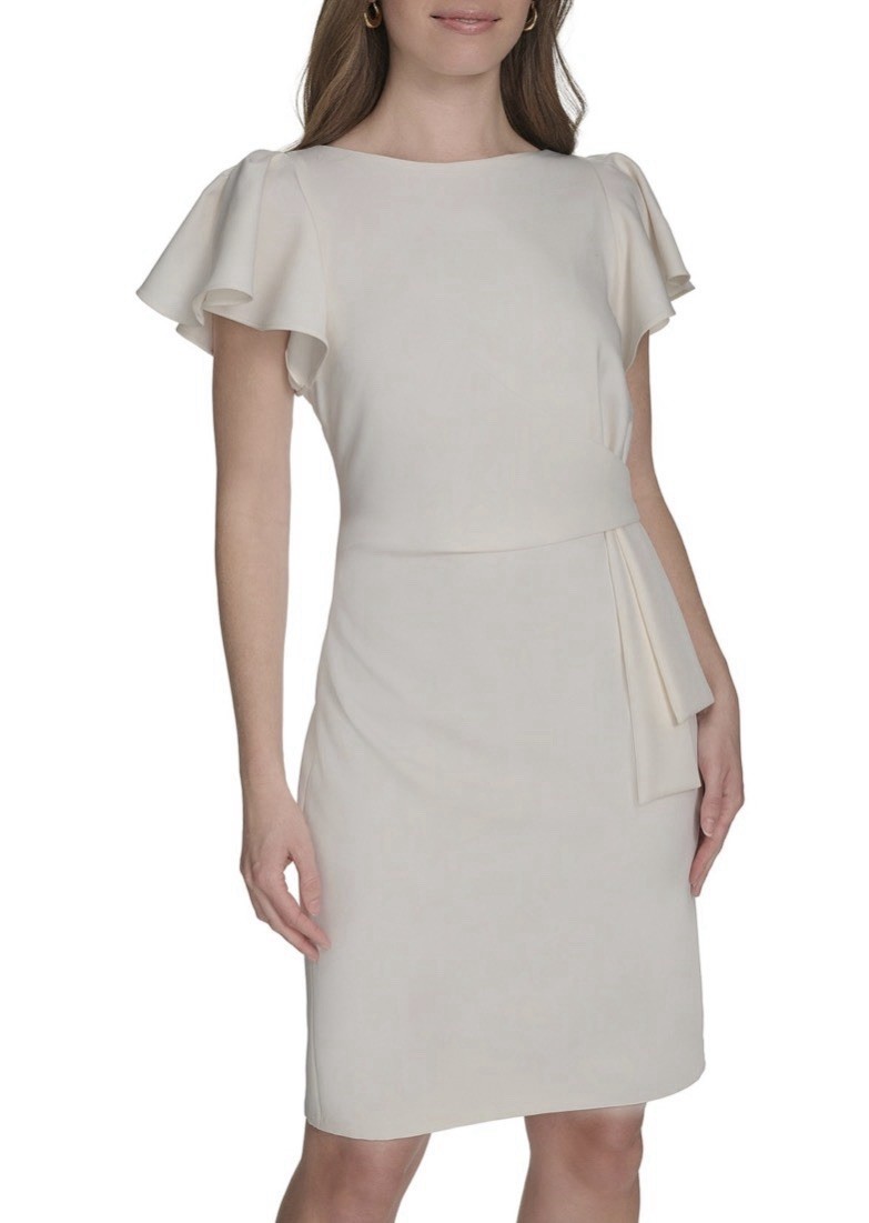 Tommy Hilfiger Sheath Dress, Flutter Slevee Boat Neck Self-Tie Belt Ivory, Sz-16