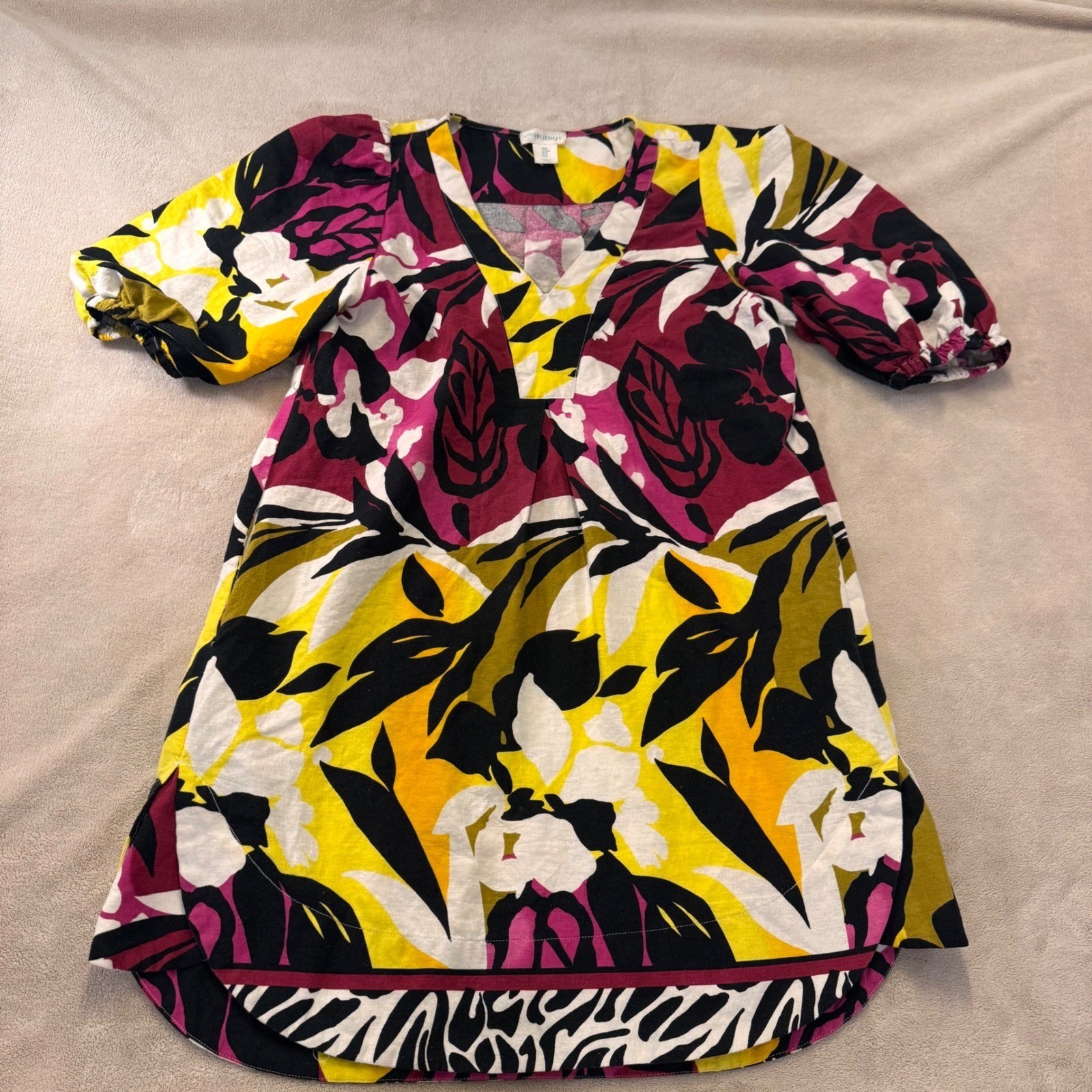 Tropical Floral Linen Blend Puff Sleeve Resort Boho Dress Summer SZ M