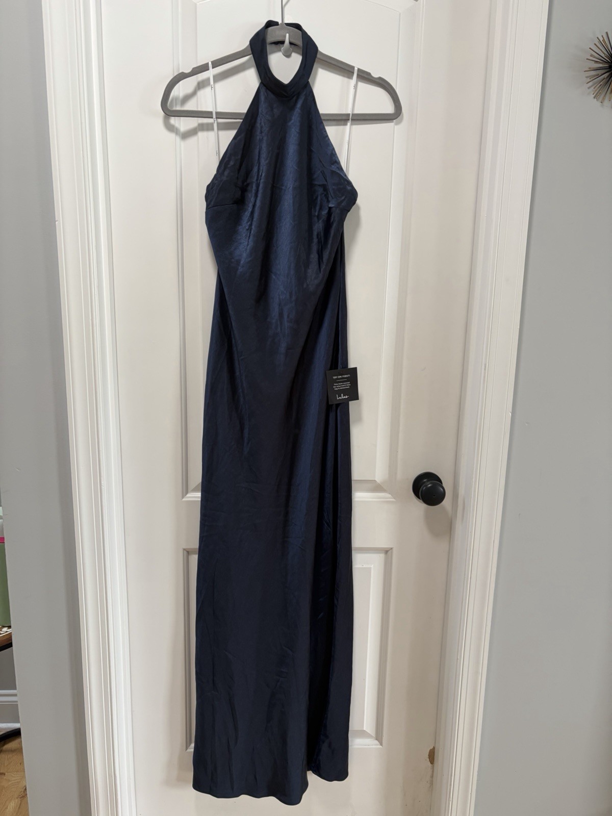 Lulus Love in Your Life NWT size Small Navy Blue Satin Halter Maxi Dress
