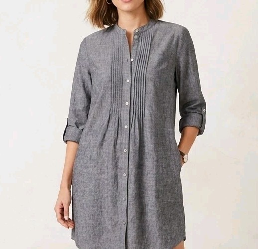 J Jill Linen Blend Shirt Dress Blue Gray Roll Up Sleeve Button Down Sz Medium
