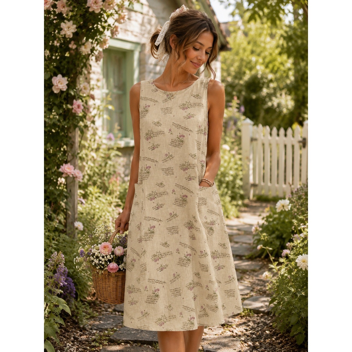Sweet Jessie Linen Pinafore Dress Women M Floral Prairie Cottagecore Garden Midi