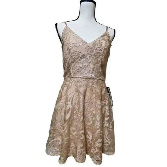 Speechless Juniors’ Shimmer Embroidered Fit & Flare Dress Nude Blush, Sz. 9