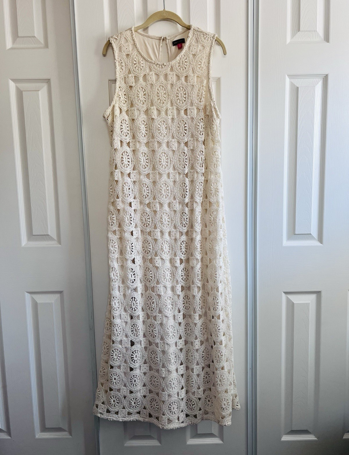 Vince Camuto Women’s XL Ivory Crochet Lace Sleeveless Lined Maxi Dress Boho