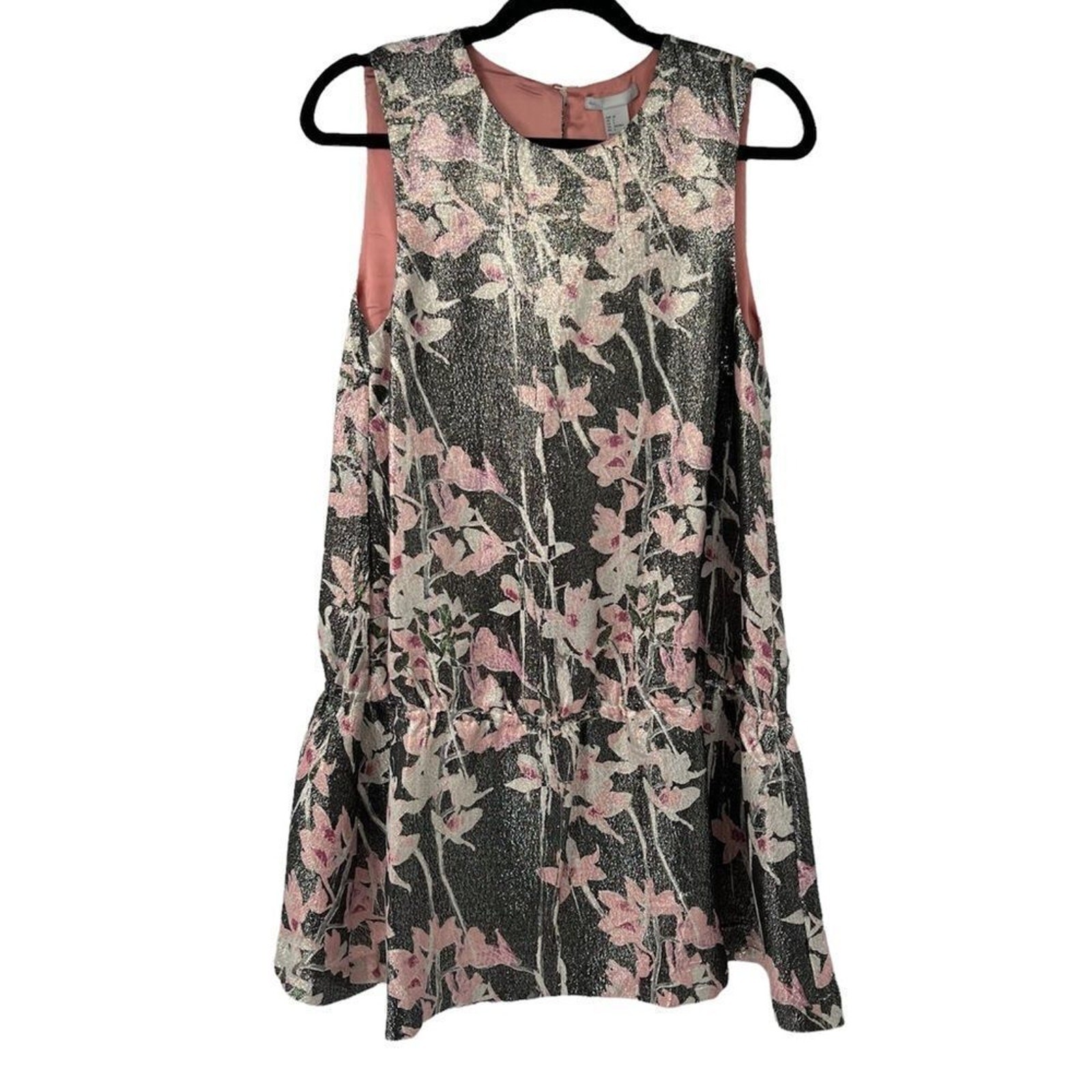 H&M Silver Metallic Pink Floral Elastic Peplum Silk Blend Dress‎ 6 Women’s NWT