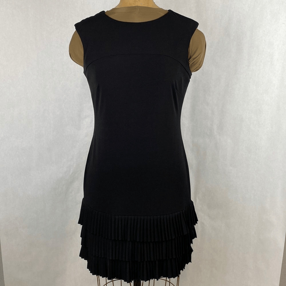 Peter Nygard Pleated Ruffle Hem Dress Black 6P 6 Petite Sheath