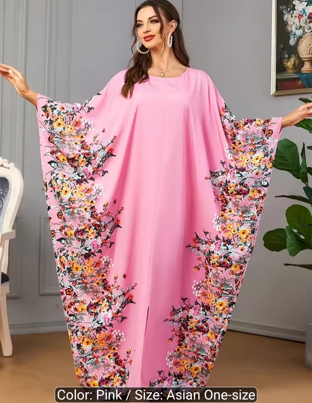 Pink Floral Maxi Kaftan Dress Round Neck Kimono Long Sleeve Pullover One Size