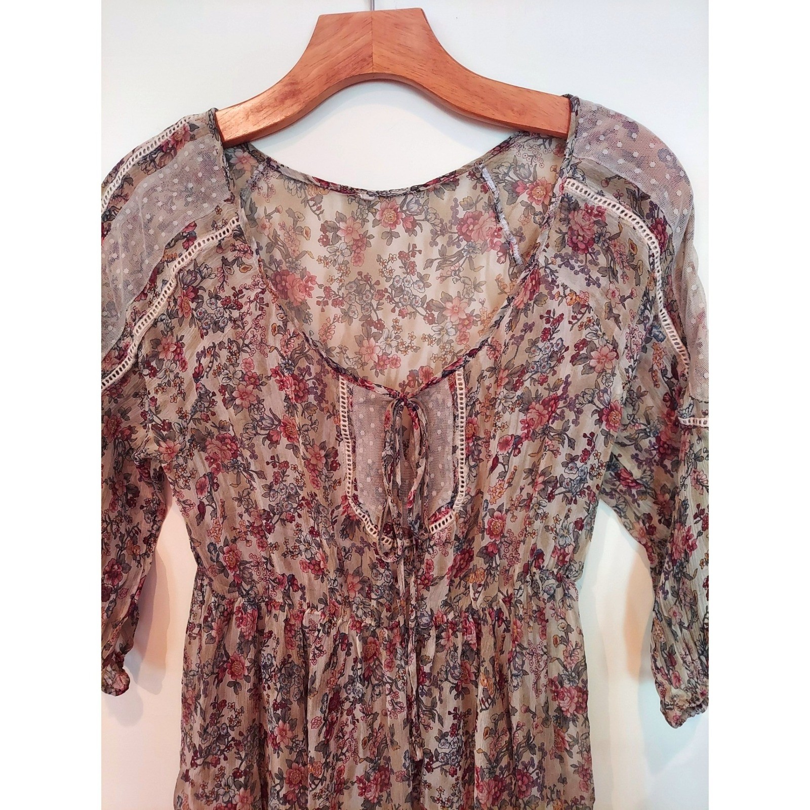 Willow & Clay 100% Silk Floral Fairy Mini Dress Swiss Dot Mesh Lace Trim Boho