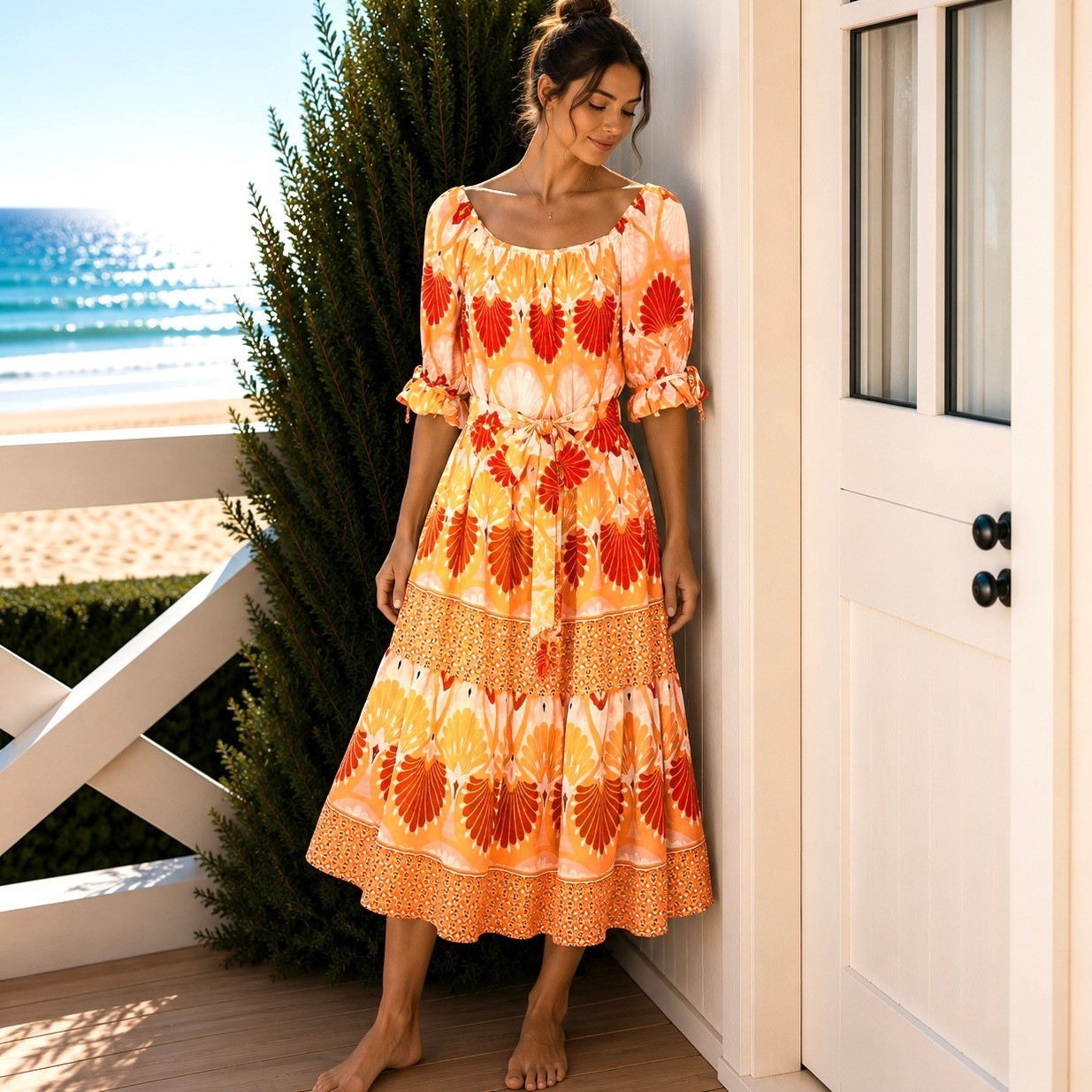 Anthropologie Fig & Flower Small Midi Dress Boho Chic Floral Coastal Cottagecore