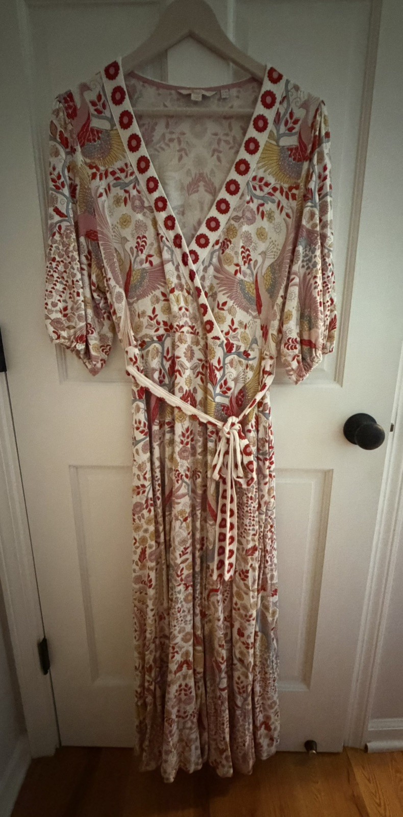 Boden V-Neck Floral Peacock Bird Jersey Puff Sleeve Maxi Dress Size 14R/ 16 UK