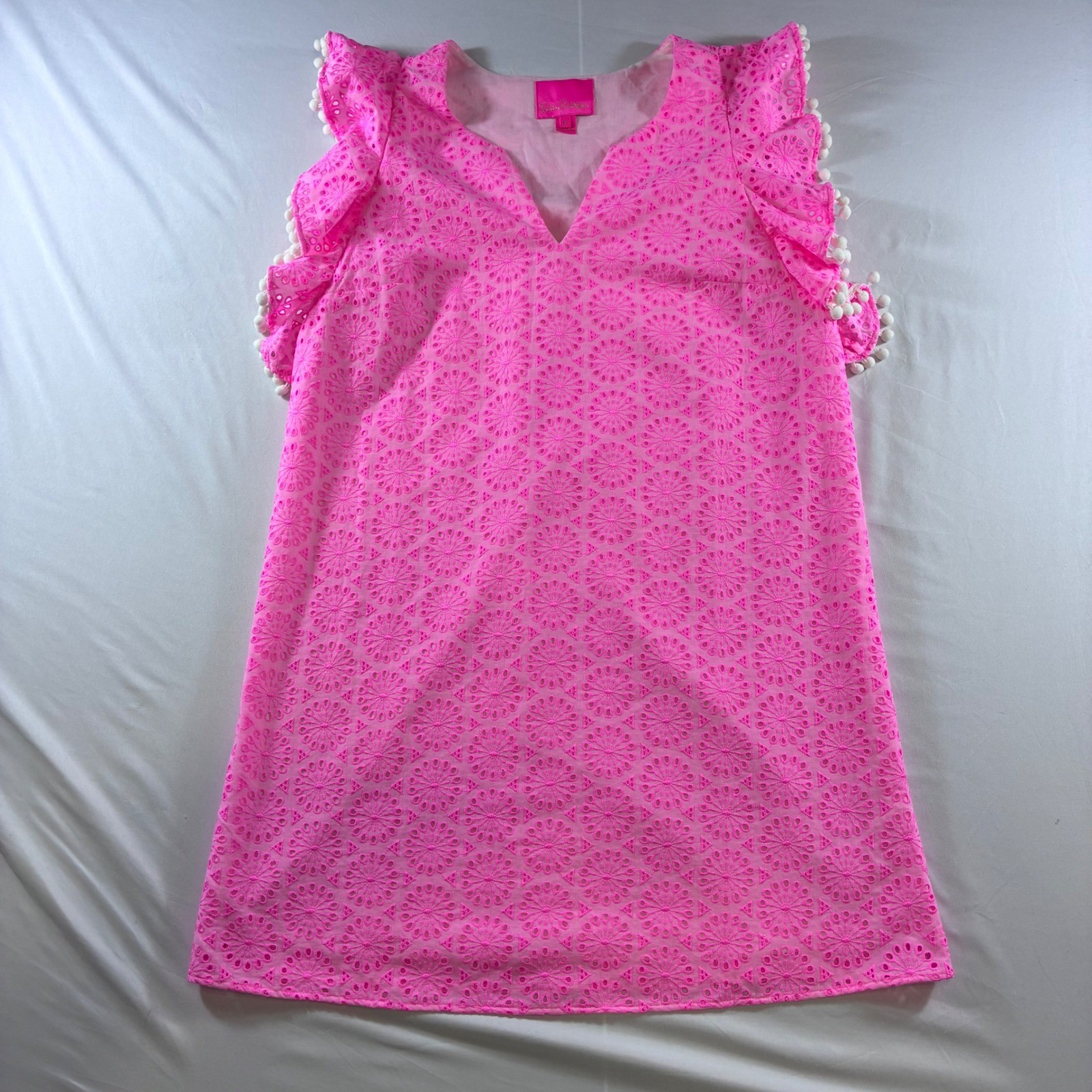 Lilly Pulitzer Pink Eyelet Shift Dress Pom Pom Ruffle Sleeve Neon Medium