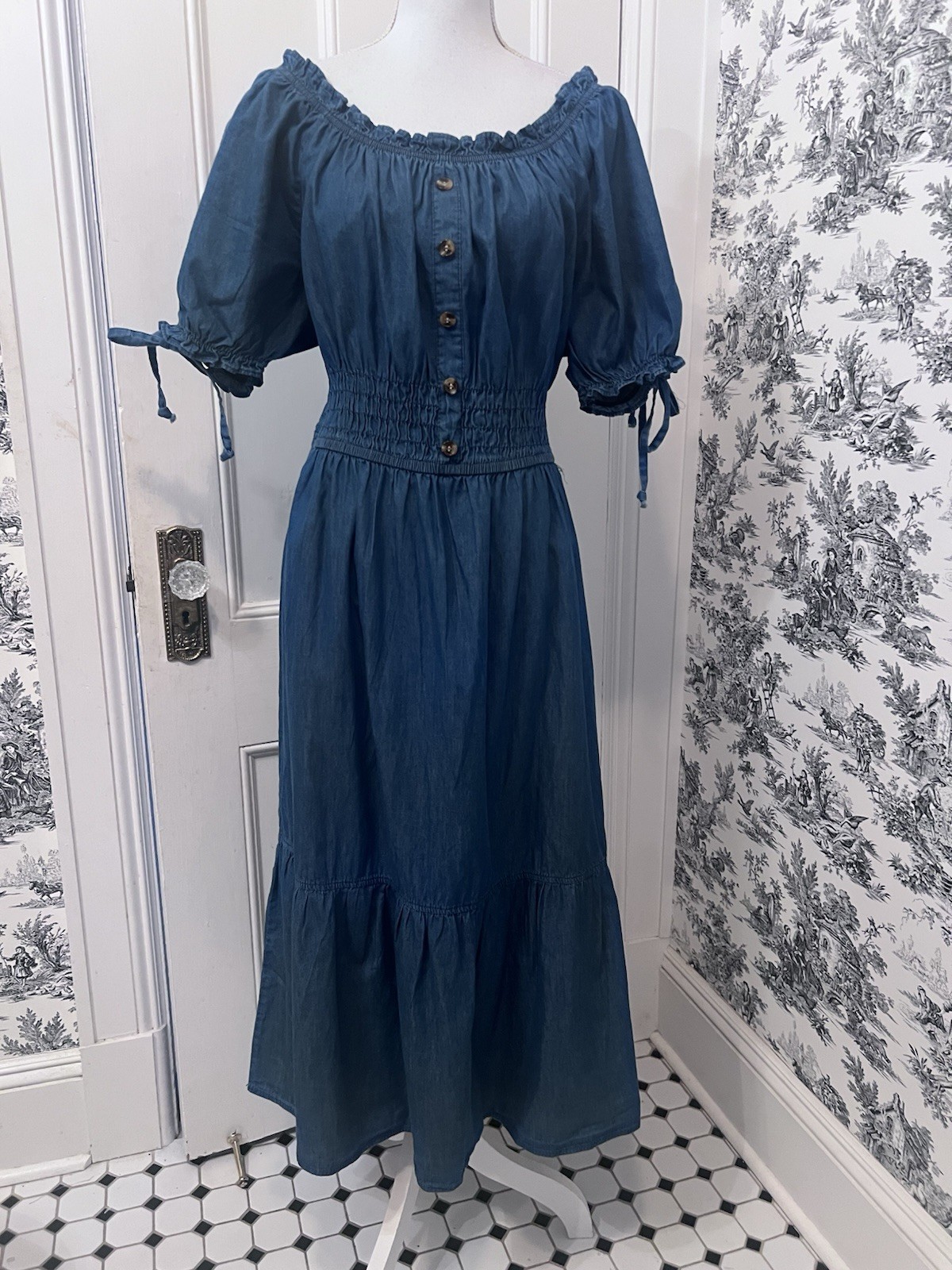 Womens Dress 2XL Blue Chambray Denim Tiered Country Western Coastal Cowgirl Midi