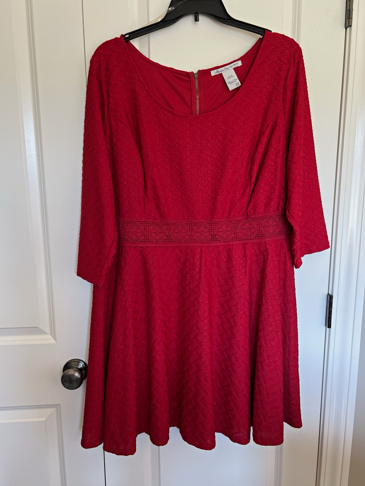 American Rag Cie Red A-Line Dress 3X 3/4 Sleeve Round Neck Knee Zip Lace