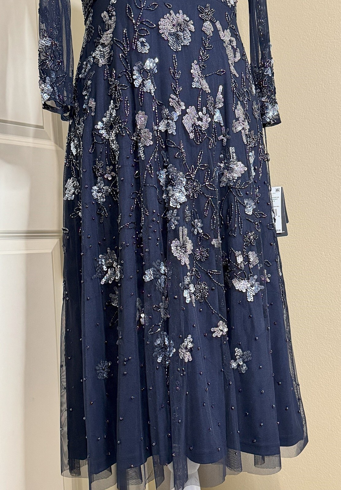Adrianna Papell Floral Sequin Beaded Sheer Navy Dress NWT Size 6